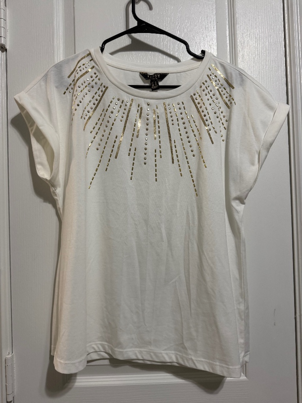 LIPSY LONDON White Gold Sequin Beaded Sunburst Embellished Tee US 8